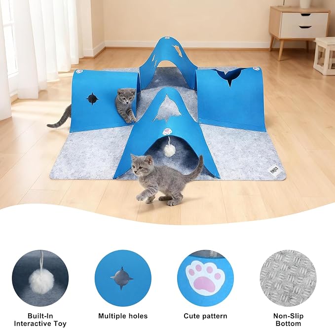 4-Way Cat Tunnel for Indoor Cats, Interactive Toy with Plush Ball | 35.4" Multi-Entrance Cat Play Tunnel with Cozy Hideaway Space, Provides Enrichment, Exercise, Exploration & Interactive Play
