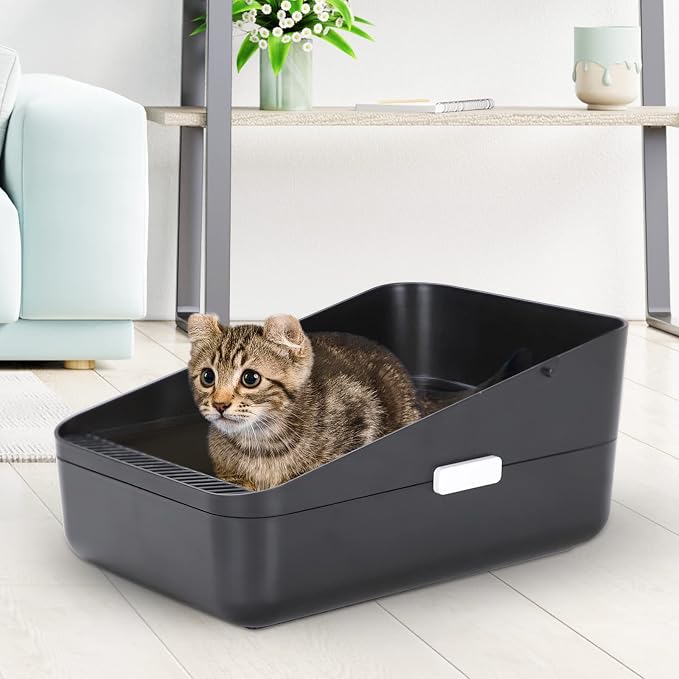 Sfozstra Small Cat Litter Box: Leak Resistant Removable Tray Modern Style | Cats Under 8 lbs/ Anti Tracking Pedal / Easy Cleaning / Apartment Friendly/ Minimalist Black Look