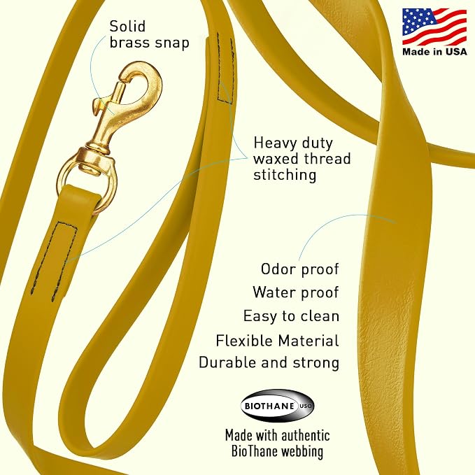 Viper Biothane K9 Working Dog Leash Waterproof Lead for Tracking Training Schutzhund Odor-Proof Long Line with Solid Brass Snap for Puppy Medium and Large Dogs, 15ft Treasure Gold