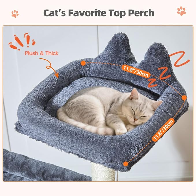 Taoqimiao Sturdy Cat Tree, 55.1In Cat Tower for Indoor Cats, Large Platform | Rotatable Round Condo with Large Scratch Board, Extended Cat House, Thickened Full-Sisal Scratching Post, Smoky Gray, F10G