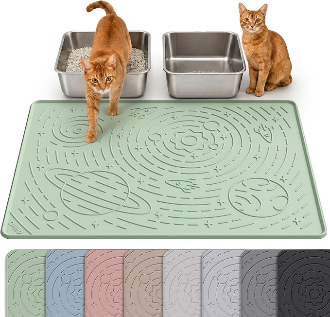 Large Cat Litter Mat 31.5x23.6" High Raised Edge Silicone, Sage Green | Galaxy pattern; waterproof floor guard; non-slip base; BPA-free; easy-rinse surface; scatter control; soft on paws