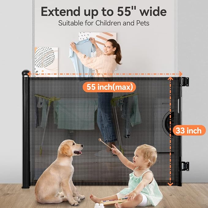 COMOMY Retractable Baby Gate for Stairs, 0-55" Mesh Dog Gate for House Doorways Hallways, 33" Tall Extra Wide Child Safety Gate for Kids Pets, Indoor and Outdoor (Black) | 33" Tall Extra Wide Child Safety Gate for Kids Pets, Indoor and Outdoor (Black)