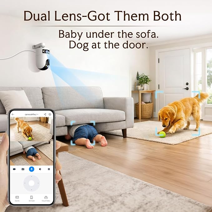 JOOAN 2K Dual Lens Indoor Outdoor Security Camera, 5GHz/2.4GHz WiFi, PTZ Auto Tracking, Motion Detection, 2-Way Audio, IP66 Waterproof, for Baby/Dog/Cat/Elderly, Multi-User Shared