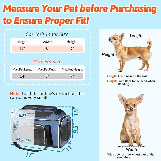 Petskd Top-Expandable Small Pet Carrier 17"x11"x9.5" Airline Approved | for Alaska Airlines, Lockable Safety Zippers and Anti-Scratch Mesh, Soft-Sided, Pets Under 10 Lbs, Blue