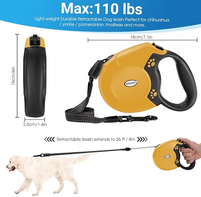 360°No Tangle 26 Ft Retractable Dog Leash for Dogs up to 99lbs | Heavy Duty Pet Walking Leash for Small Medium Large Dogs, Anti-Slip Handle, Strong Nylon Tape, One-Handed Brake, Yellow