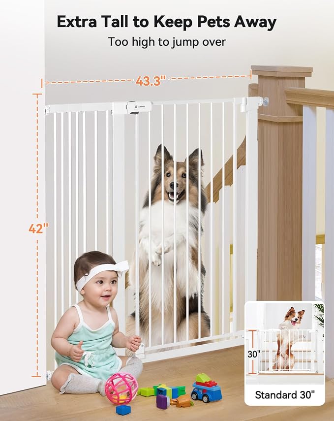 COMOMY 42" Extra Tall Baby Gate for Stairs Doorways, Fits Openings 29.5" to 43.3" Wide, Auto Close Sturdy Safety Dog Gate for House, Pressure Mounted Easy Walk Through Pet Gate with Door, White | Auto Close Sturdy Safety Dog Gate for House, Pressure Mo...