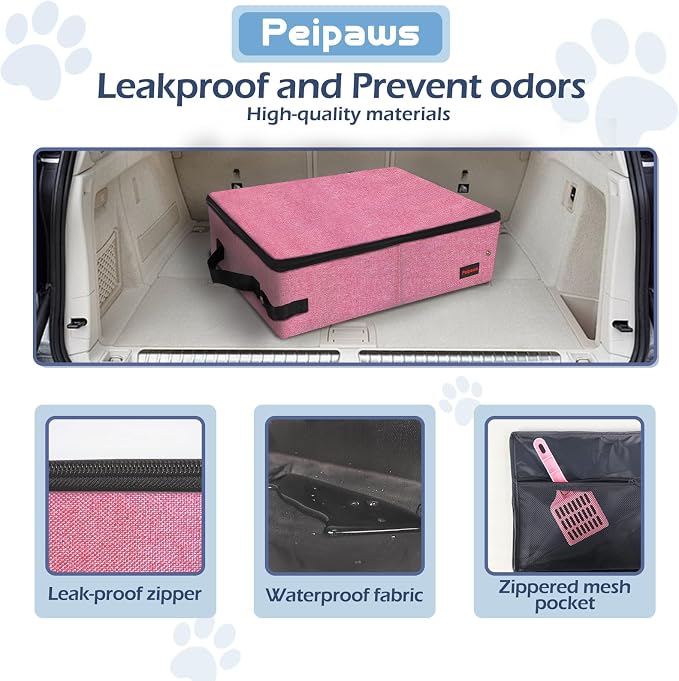 Portable Cat Travel Litter Box. Zipped Lid, Collapsible Litter Box for Cats. No Leakage, No Smell. Easy to Carry. Used for Hotels, Camping, Car (Pink,L)