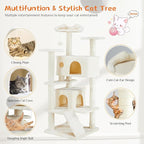 Sweetcrispy 54 Inch Cats Tree Tower with Scratching Post, Beige | Multi-Level Indoor Cat Tree Condo with Climbing Ladder, Plush Toy, Play House for Kittens