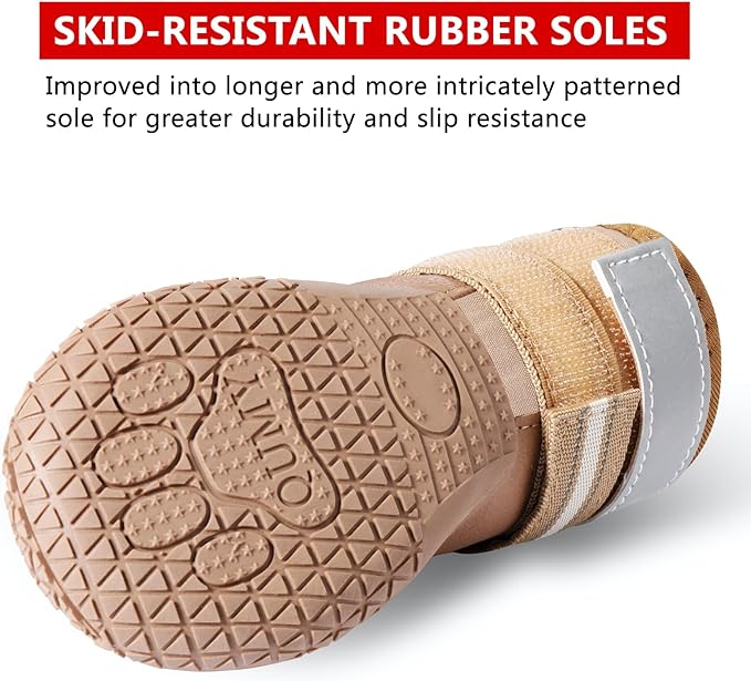 QUMY Dog Shoes for Hot Pavement, Dog Snow Boots & Paw Protectors for Winter | Dog Booties Medium Large Size Dogs, Water-resistant in the Rain, Outdoor Walking, Indoor Hardfloors Skid-resistant Sole Khaki