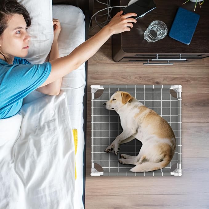Elevated Dog Bed with Guardrail, Raised Pet Bed for Small Dogs | Rust-resistant stainless steel frame with safety fence & soft cotton fabric. Anti-slip feet for secure indoor and outdoor use