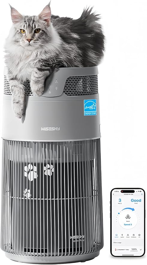 WISESKY Cat Air Purifier with Bite-Resistant Cord & Wide Grille and Tip-Over Protection | Air Purifier for Home with 360° Air Intake for Pet Hair | APP Control | Covers Up to 1644 Sq.Ft