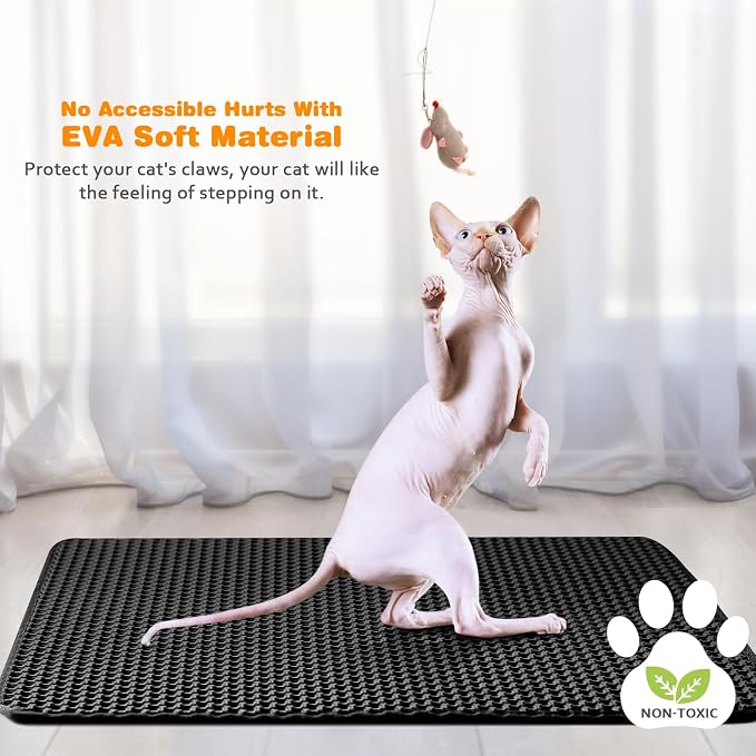 Cat Litter Mat 27"x46",Double Layer EVA litterbox Mat, Black | Waterproof honeycomb large grid, urine-proof and odor-free. Traps litter, easy cleanup,Washable, non-slip backing