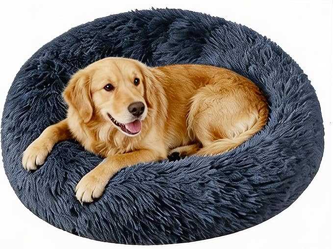 Large Calming Donut Dog Bed for Large Dogs, Ultra Soft Fluffy Anti Anxiety Pet Bed, Plush Round Washable Dog Bed with Raised Rim for Golden Retriever, Husky, Labrador & Indoor(Deep Grey, 36 Inch)