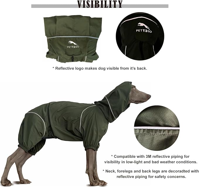 Dog Lightweight Windbreaker, Dog Outdoor 4-Legs Jacket, 0.5 lbs,Durable Water Repellent, Hooded, Easy on/Off with Collar and Harness, Reflective, Packable,Dark Olive (X-Small)
