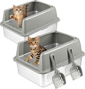 Kirecoo 2 Pack Medium Semi-Enclosed Stainless Steel Cat Litter Box with Lid | Scoop Included, Sturdy Metal Box, Anti-Leakage, Odor Free, Easy to Clean, For Cats Kittens & Bunnies, Multi-Cat Friendly