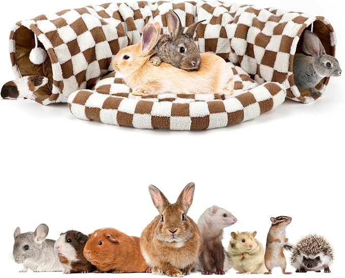 BWOGUE Bunny Tunnel Bed, Brown Plaid 2-in-1 Rabbit Tunnel Hideout with Mat | Removable Mat for Washing, Ball Toy for Play, Tunnel Tubes for Hiding, Soft Suede Fabric, Cats Rabbits Guinea Pigs