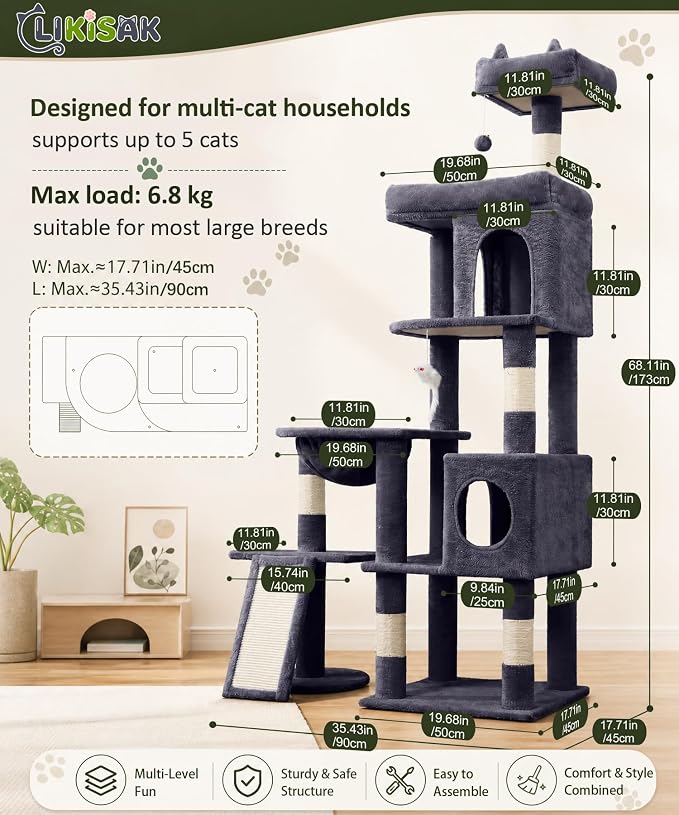 68 Inches Heavy Duty Cat Tree for Indoor Cat, Big Cat Tower | Cat Houses & Tree Tower with 2 Condos, Sisal Scratching Posts & Large Platform for Indoor Cats Large Adult, Dark Grey