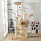 59-Inch Modern Cat Tree Tower for Large Indoor Cats, Handwoven Basket Condo | Stable multi-level structure, reinforced base, 8 cm sisal posts, clear space capsule, hammock, washable cooling & plush mats