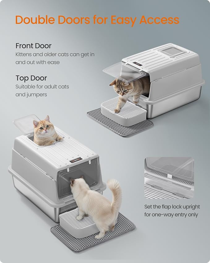 Feandrea Stainless Steel Cat Litter Box with Flip Lid, Litter Catcher Mat and Box, 2 Doors, Scoop, for Cats up to 33 lb, Dove Gray UPPT007GN01