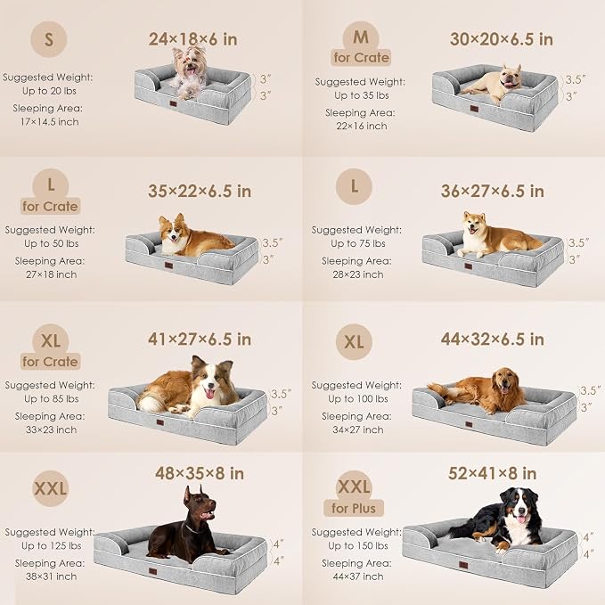 EHEYCIGA Orthopedic Dog Beds Large Sized Dog, Waterproof Washable Pet Bed | Non-Slip Bottom and Egg-Crate Memory Foam Dog Couch Bed with Washable Removable Cover, Grey