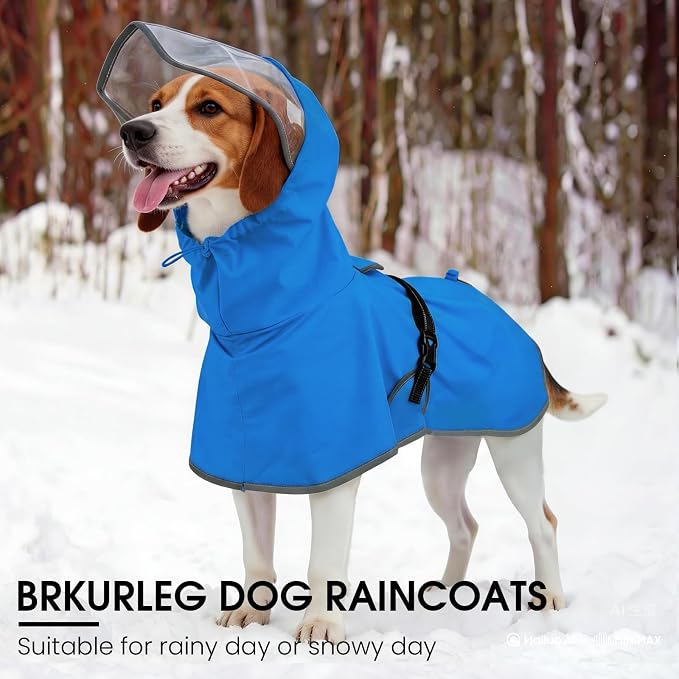 BRKURLEG Dog Raincoat, Waterproof Rain Jacket with Clear Hood for Small Medium and Large Dogs, Adjustable Reflective Pet Rain Coat Poncho with Leash Hole, Blue XL
