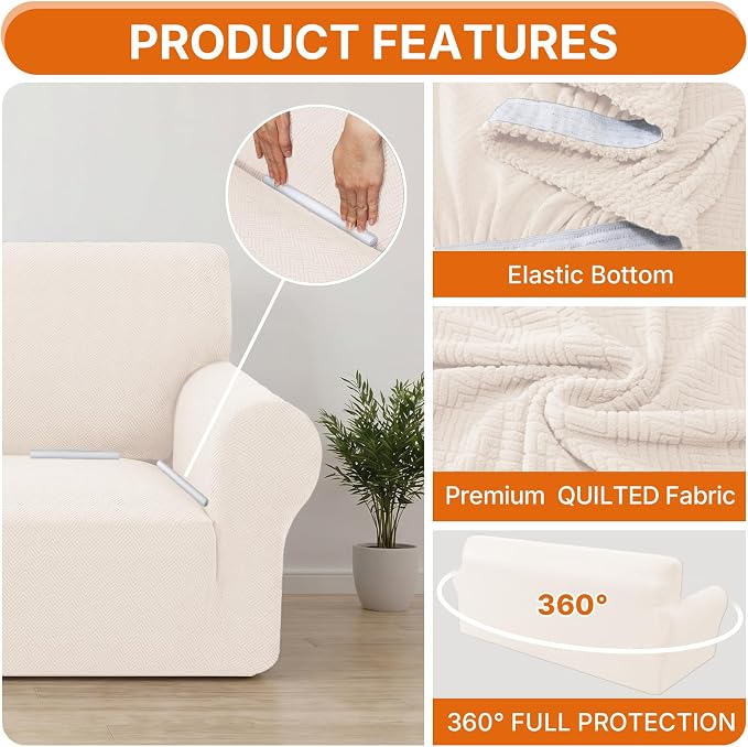 XINEAGE Stretch 3 Seater Slipcover, Non-Slip Pet Couch Cover,Beige White | Washable Furniture Protector, Elastic Bottom, Dogs & Cats Friendly, Scratch-resistant, Fast Setup, High Elasticity