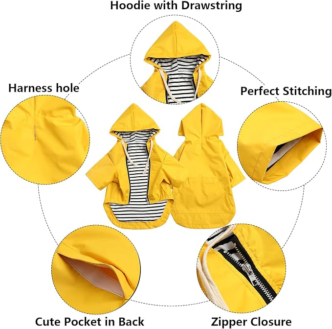 Dog Raincoat rain Jacket Raincoat Dogs Waterproof Small Medium Breeds Zip Closure Storage Pocket Harness Hole Yellow S