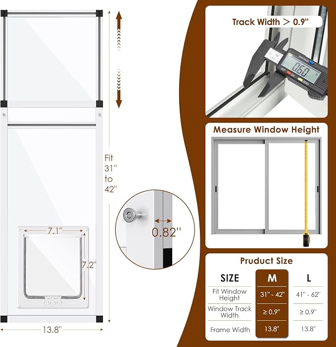 Vertical Cat Door for Window,31"-42" Adjustable Height,1-Min Install | 4 Locking Modes,Aluminum Frame,HD Glass,Magnetic Closure,Weatherproof Pet Door Window Insert for Cats