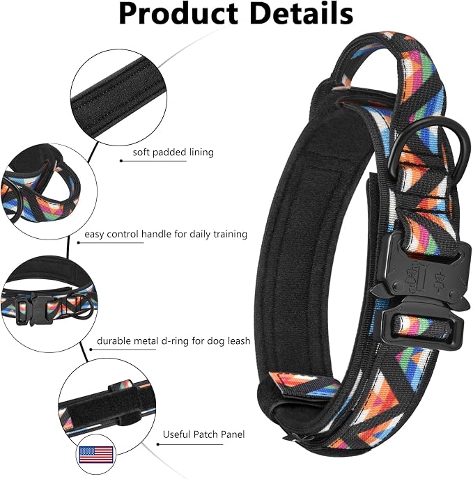 DAGANXI Tactical Dog Collar, Adjustable Military Training Nylon Dog Collar with Control Handle and Heavy Metal Buckle for Medium and Large Dogs, with Patches & Airtags Case (M, Colorful Triangle-Set)