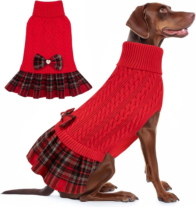 KYEESE Dog Sweater Dress Turtleneck Thick Knit Pullover for Cold Weather | Stretchy Fit, Lightweight & Warm, Cozy Knit Comfort, Cute Bow Accent, Gentle on Sensitive Skin, Comfortable Daily Wear