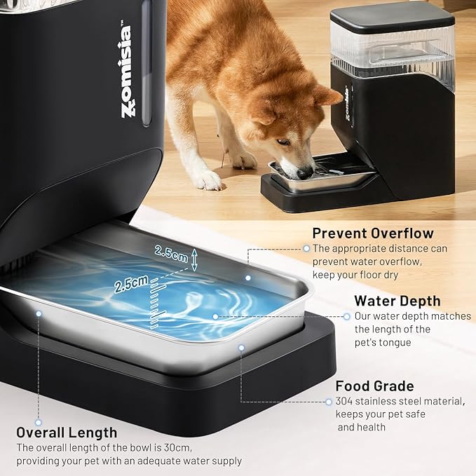 ZOMISIA Automatic Dog Water Dispenser 8L with Stainless Steel Bowl, Gravity Large Capacity Water Bowl for Dogs, 2 Gallon Pet Waterer 100% BPA Free, Black