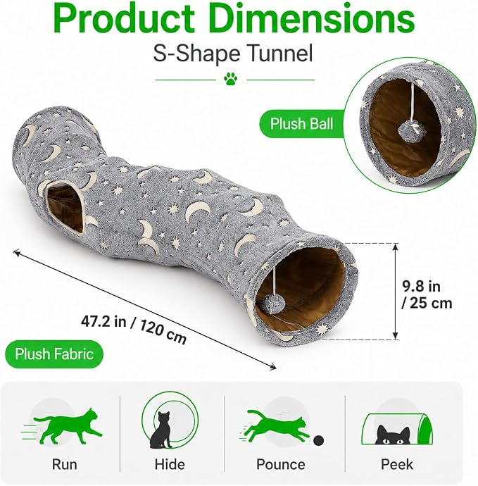Cat Tunnel Tube with Plush Ball Toys Collapsible Self-Luminous Photoluminescence, for Small Pets Bunny Rabbits, Kittens, Ferrets,Puppy and Dogs Grey Moon Star (S-Shape)