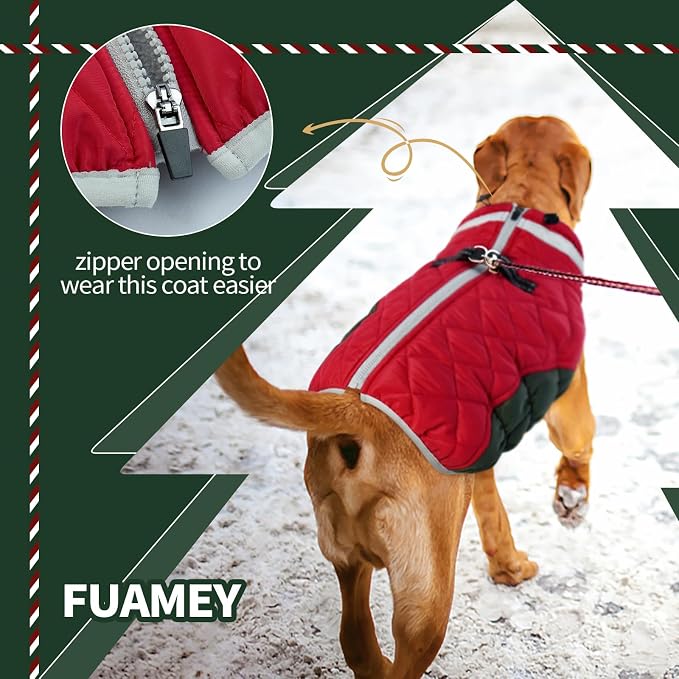 FUAMEY Dog Winter Coat Fleece Warm Medium Dog Coat with Harness Built in | Dogs Cold Weather Fleece Coats Zip up Reflective Dog Winter Vest Windproof Water Resistant Snow Coats Christmas M