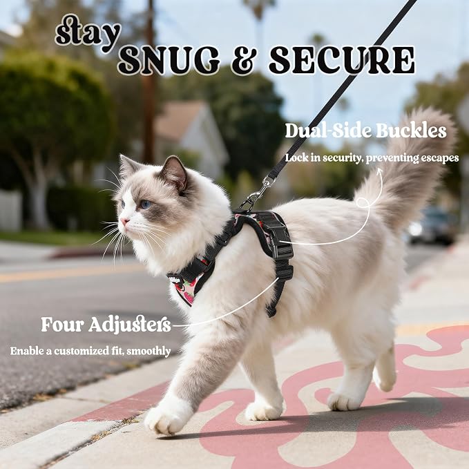 rabbitgoo Cat Harness and Leash Set, Escape Proof Vest, Berry Pounce | Soft Breathable Mesh, Easy Adjustable Fit, Snap Buckles, Sturdy Clip, Reflective Strips, for Medium to Large Cats Walks, M