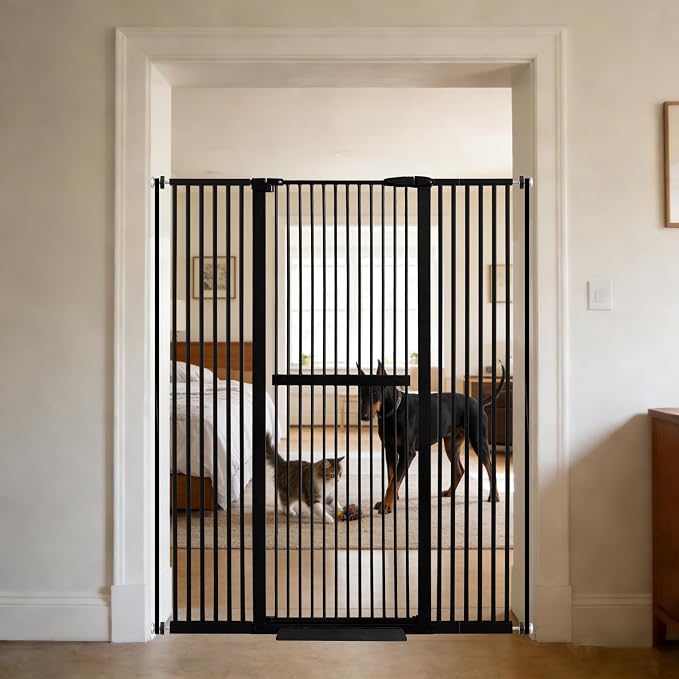 Lumizone 61.02" Extra Tall Pet Gate for Cat Dog 30.12"-59.24" Wide Black | Extra Tall Cat Gate for Doorway Hallway Stairs Pressure Mounted 1.37" Gap No Drilling Auto-Close Dual-Lock