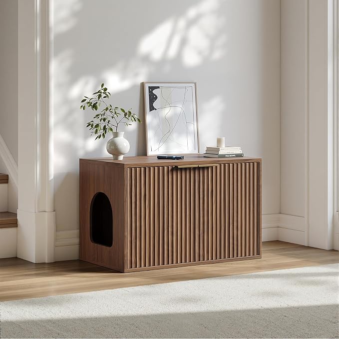 Evermagin 31.5" Cat Litter Box Enclosure Furniture | Walnut Hidden Litter Box Cabinet, Modern Indoor Cat House, Fluted Kitty End Table for Living Room, Bedroom, Entryway