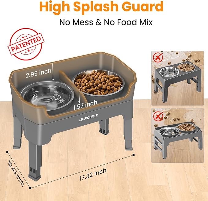 URPOWER Elevated Dog Bowls, 3-in-1 Double Deck Raised Dog Bowl Stand | 4 Height Adjustable Raised Stand with 2 Stainless Steel Food Bowls & Licking Plate for Small, Medium & Large Dogs