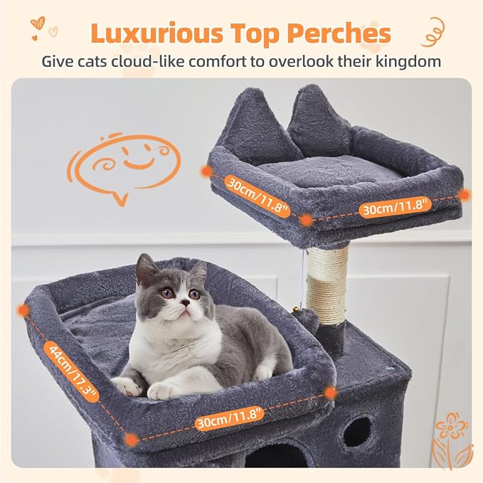 Taoqimiao Cat Tree, 71 in Extra Large Cat Tower for Inddor Cats, MS026LG | 2 Large Cat Condos, 2 Cute Perches, Metal Frame Cozy Hammock, Durable Scratch Board, 8 Natural Sisal Posts, Basket,Smoky Gray