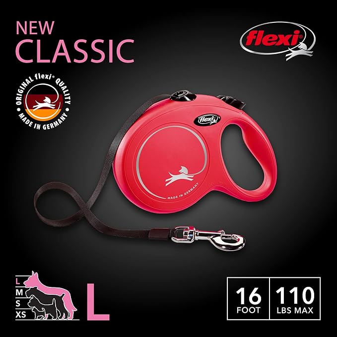 FLEXI® Classic Tape Retractable Dog Leash, Large, 16 ft - Red | German engineered, original flexi leash, durable quality for dogs up to 110 lbs, tangle-free, walking, reliable brake system