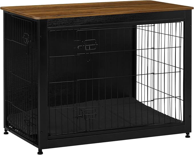 DWANTON Dog Crate Furniture with Cushion, Wooden Kennel Table with Double Doors, Indoor Dog House, Large Size, 38.5" L, Black+Warm Brown