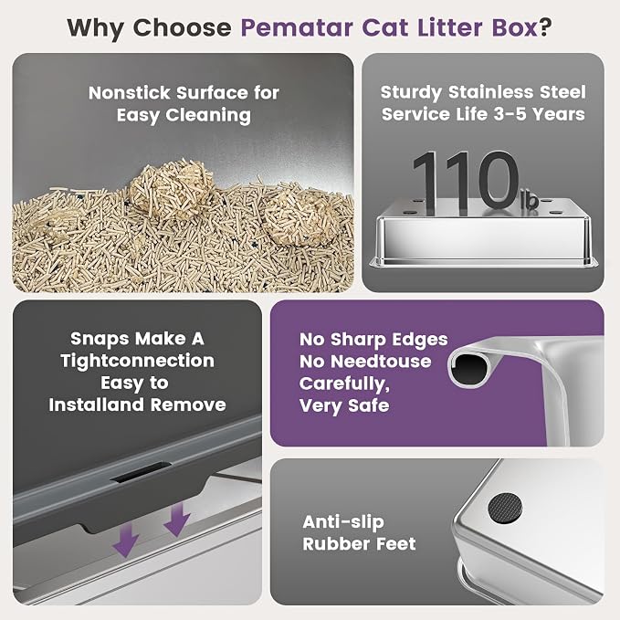 XXXXX+L Stainless Steel Cat Litter Box with Lid, 28" L x 20" W x 16" H Metal Litter Box with High Sides for Big Cats & Multiple Cats, Never Absorbs Odors, Anti-Urine Leakage, Easy Cleaning (Gray)