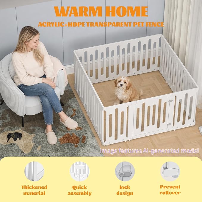 23.6" Dog Playpen for Puppies and Small Dogs, 15 Panel Indoor Pet Fence with Door&Feeding Bowl, Remove Puppy Exercise Pen, Non-Slip Dog Enclosure for Home, Apartment, Rabbit and Small Pets, White