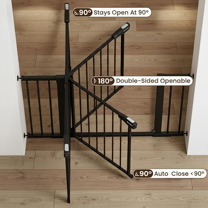 Mumeasy 29.7-51" Extra Wide Baby & Dog Safety Gate for Stairs & Doorways | Pressure/Hardware Mount Child & Pet Gate, Auto Close Easy Access Walk Thru Door for House, Hallway, Indoor & Outdoor, Black