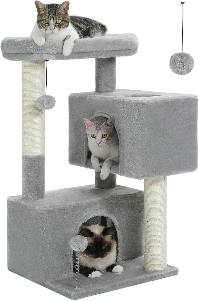 Small Cat Tree for Kittens, 32 in Cat Tower with 2 Cozy Condos | Multi-Level Cat Tree with Scratching Posts, Soft Padded Perch, 2 Dangling Toys