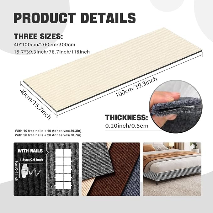 SREBAY Cat Scratch Couch Furniture Protector, Self-Adhesive Scratch Pad | 39.3x15.8In Thickened, DIY Climbing Cat Carpet Mat for Door Window Protector, Couch Guard from Claw with Pins&Tape, OffWhite
