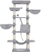 Heybly Cat Tree, 68 inch Multi-Level Cat Tower for Indoor Cats HCT025W | Cat Condo with 2 Widened Plush Perches, 2 Cozy Baskets, Scratching Board and Big Caves, Light Gray