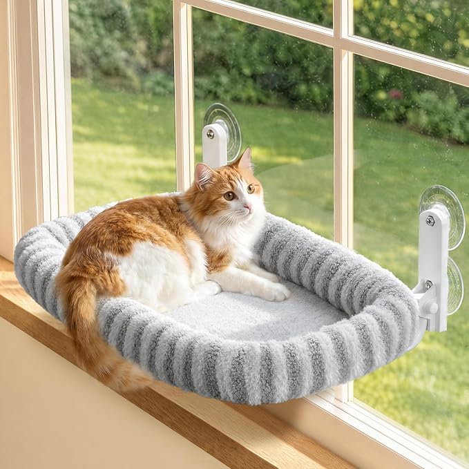 Zakkart Mellow Foldable Cat Window Perch, Upgraded Suction Cups (Gray, M) | Curtain-Friendly, Dual-Fabric Striped Machine Washable Bed, Heavy Duty ABS & Metal Frame, Hold up to 40 lbs., 22.8"W x 15.5"D