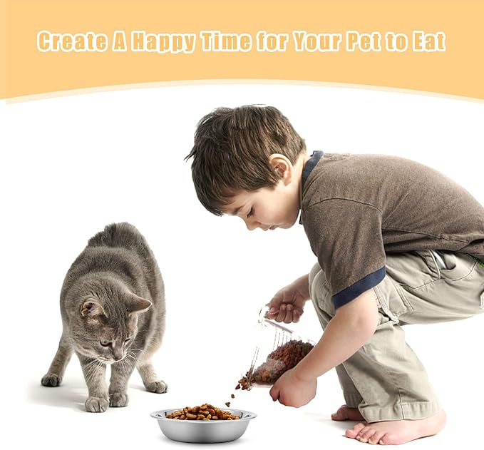 Stainless Steel Cat Bowl-Shallow Wide Flat Cats Food Bowls,Metal Kitten Dishes Whisker Friendly Fatigue Relief,Replacement Basic Kitty Plates for Elevated Stand,Dishwasher Safe（Set of 5）