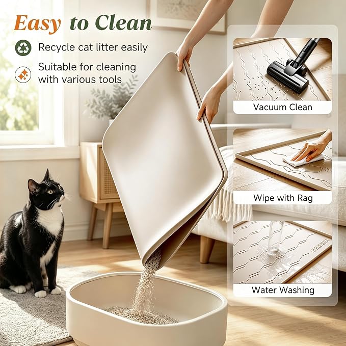 Songrey Silicone Cat Litter Mat 34" x 22", Large Litter Trapping Mat, Beige | Waterproof, Urine-Proof Litter Box Mat for Floor, Soft on Kitty Paws, Easy To Clean, Cat Supplies, Pet Feeding Mat