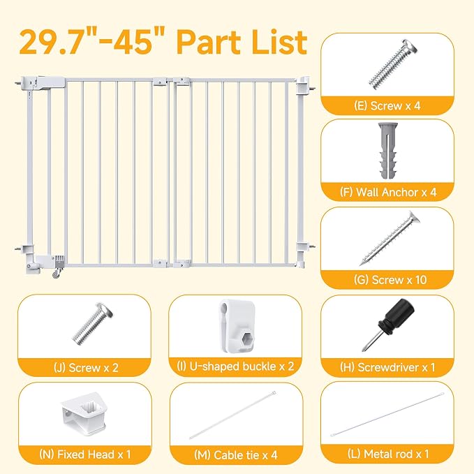 29.7"-45" Baby Gate for Stairs, Metal Pet Dog Gate for Doorways Indoor, 2 Installation Positions, Hardware Mount, 29.1”H Walk Through Safety Child Gate for Kids Toddler, White